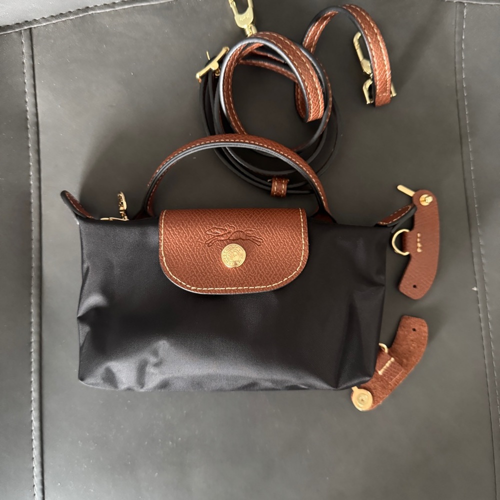 Longchamp Black Nylon Mini Bag with Brown Leather Trim